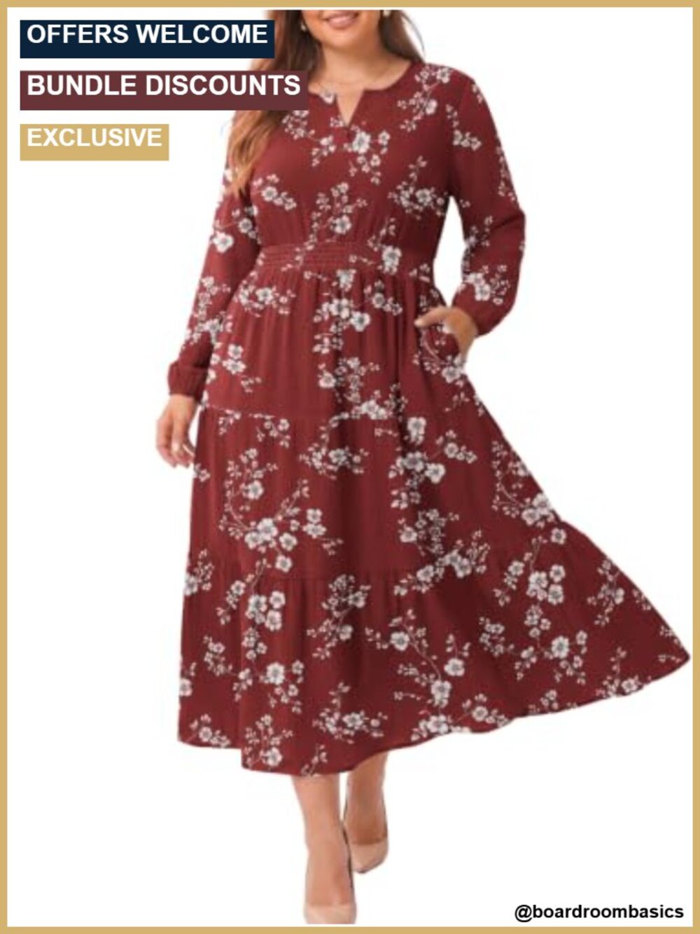 Plus Size Floral Maxi Dress Long Lantern Sleeve Smocked A-Line Pockets